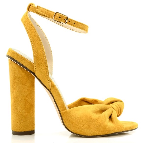 Shoes - Mustard Suede Knot Ankle Strap Block Heels